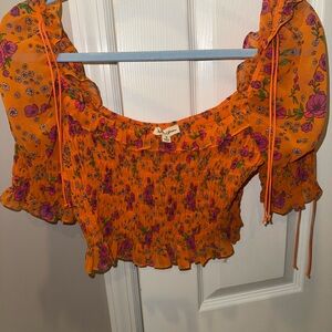 For Love And Lemons Orange Off the Shoulder Puff Sleeve Crop Top